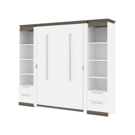 Orion 98W Full Murphy Bed And 2 Narrow Shelving Units With Drawers (99W), White & Walnut Grey
